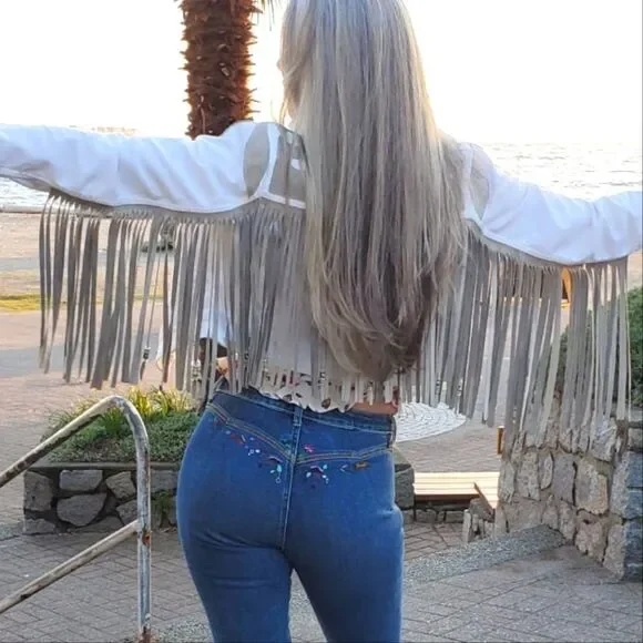 Leather & Denim Fringe Jacket - Picture 6 of 12